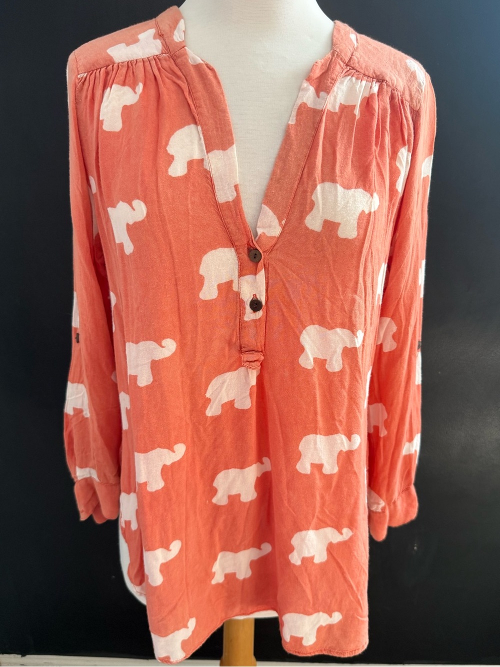 Symbology Coral Elephant Hippie Tunic  with White Elephant Motif Small/Medium